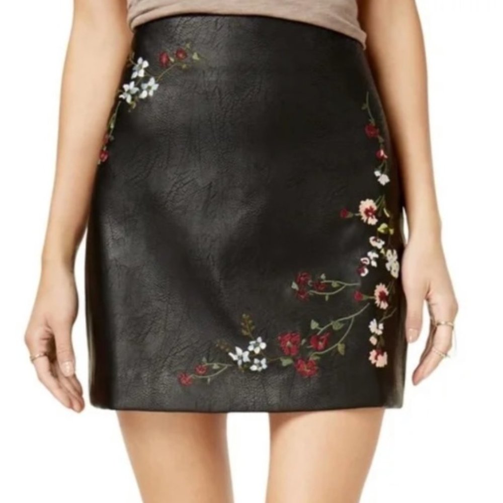 Faux Leather Skirt with Embroidered Flowers